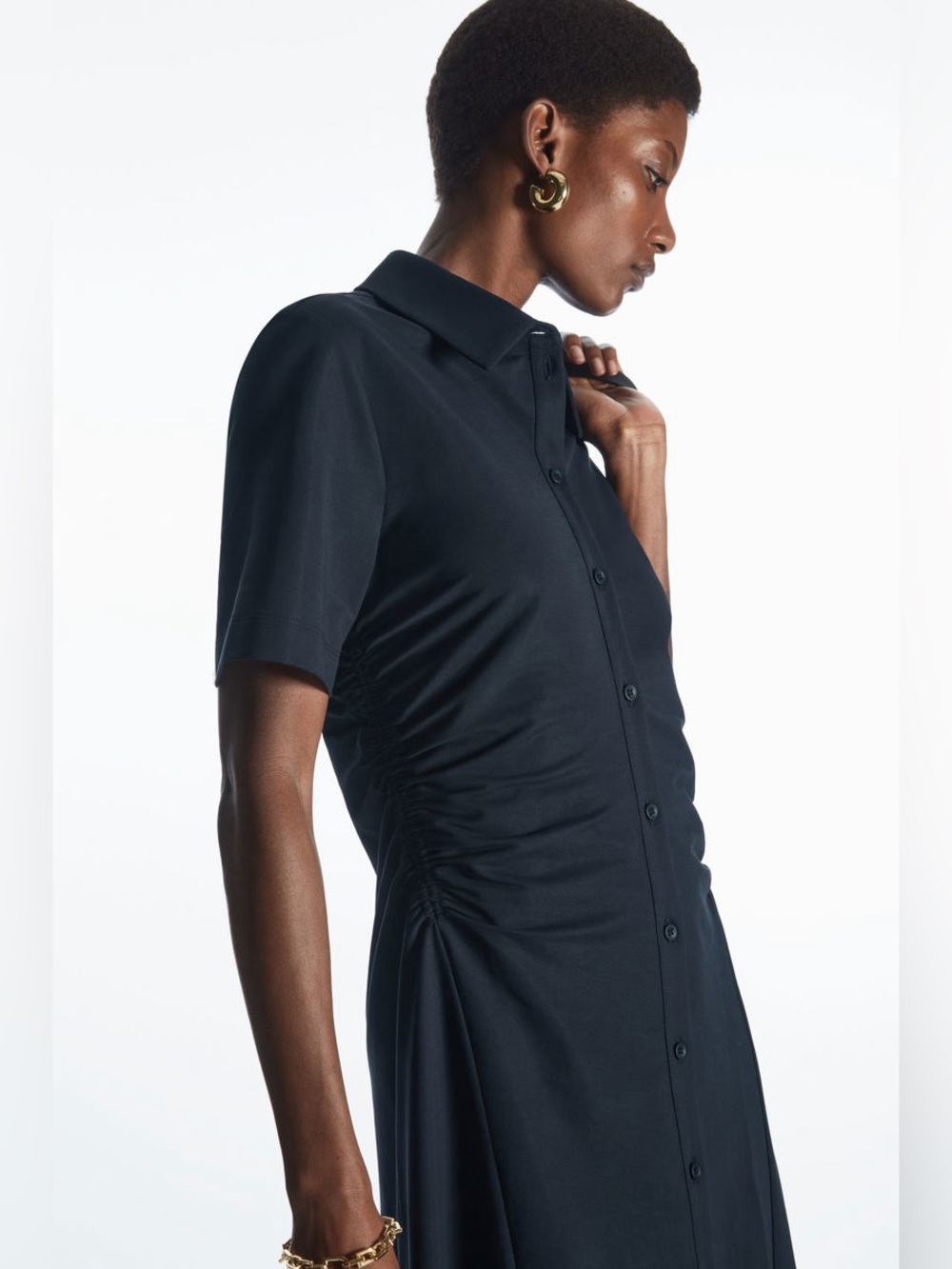 COS Dark Blue Short Sleeve Ruched Button Front Shirt Collared Midi Dress Large - Picture 6 of 12